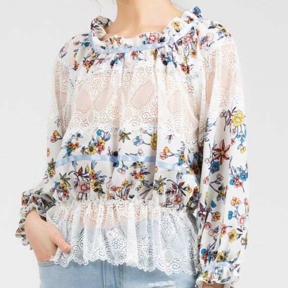 SALE POL White + Blue Flowers & Lace High Neck Top - Picture 3 of 13